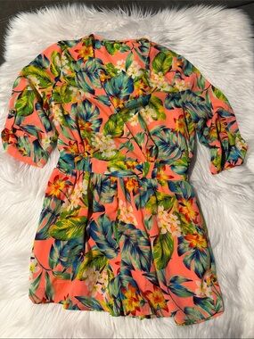 Gianni Bini Coral Tropical Print Romper with Belt